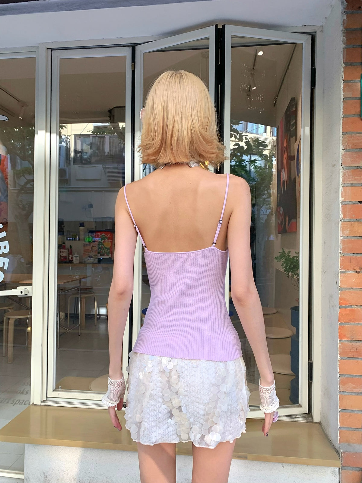 Lake Blue / light purple Sweet lace velvet bow knitted stretchy top