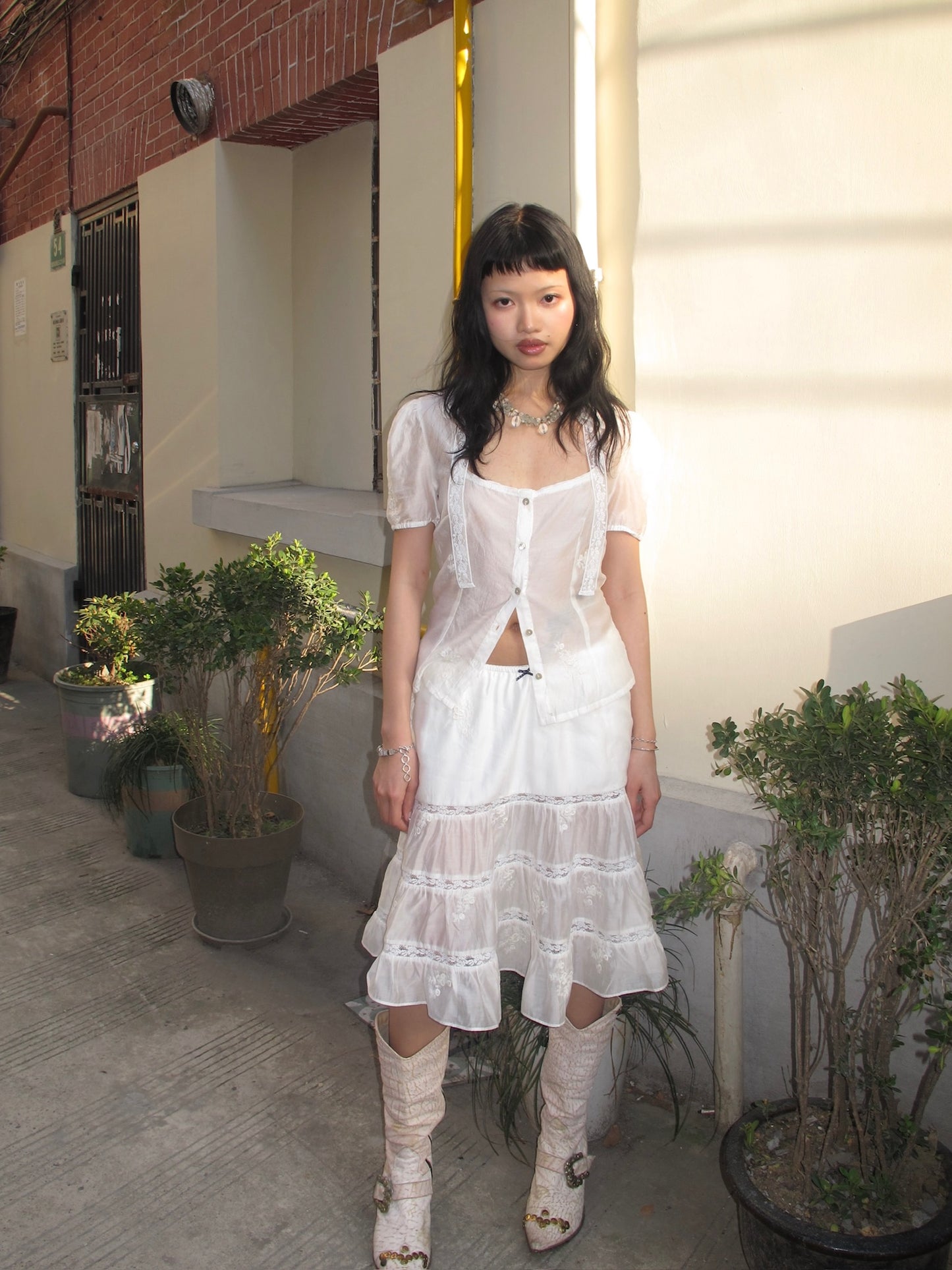 White lace cute Tencel cotton A-line skirt