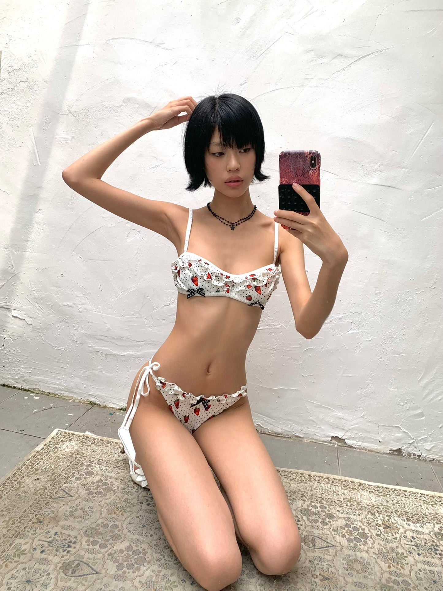 Strawberry polka dot printed swimsuit set  Bikini + Skirt