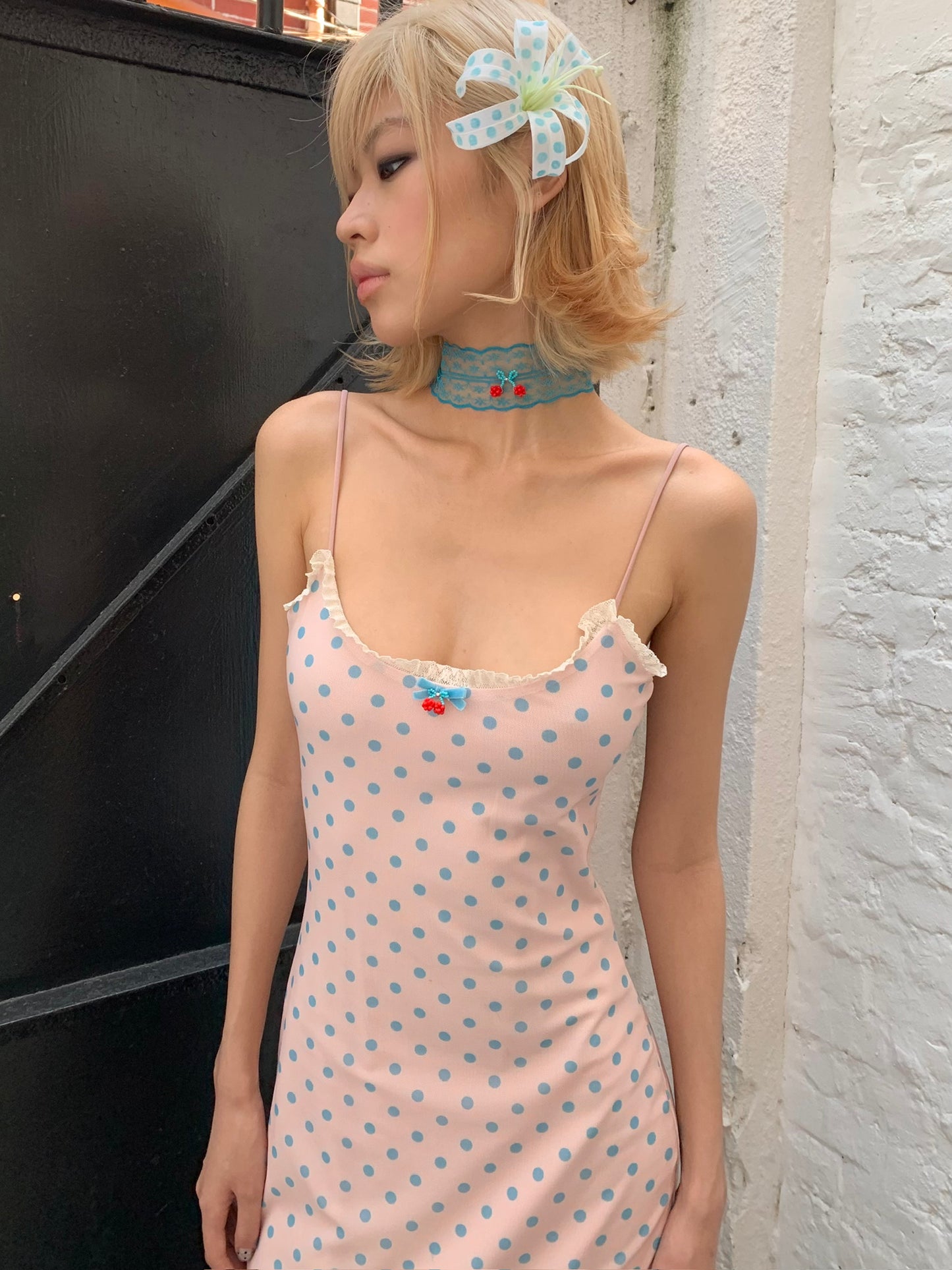Candy polka dot dress in long version - Original pink strapless stretch-fitting long dress