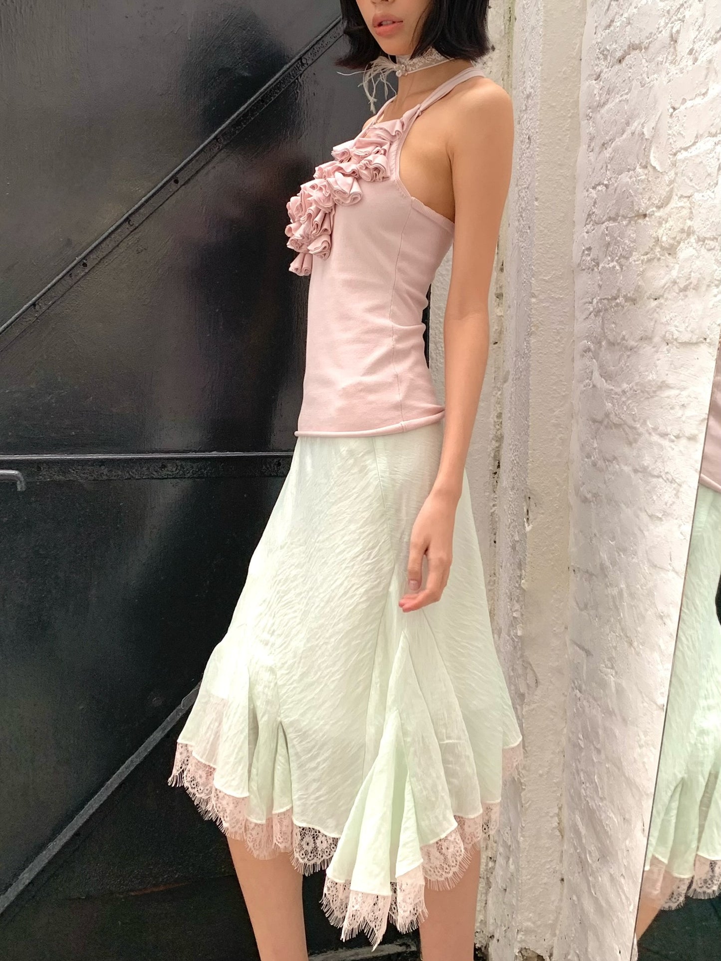 Mint green patched light pink lace flared chiffon skirt with a flowing hem