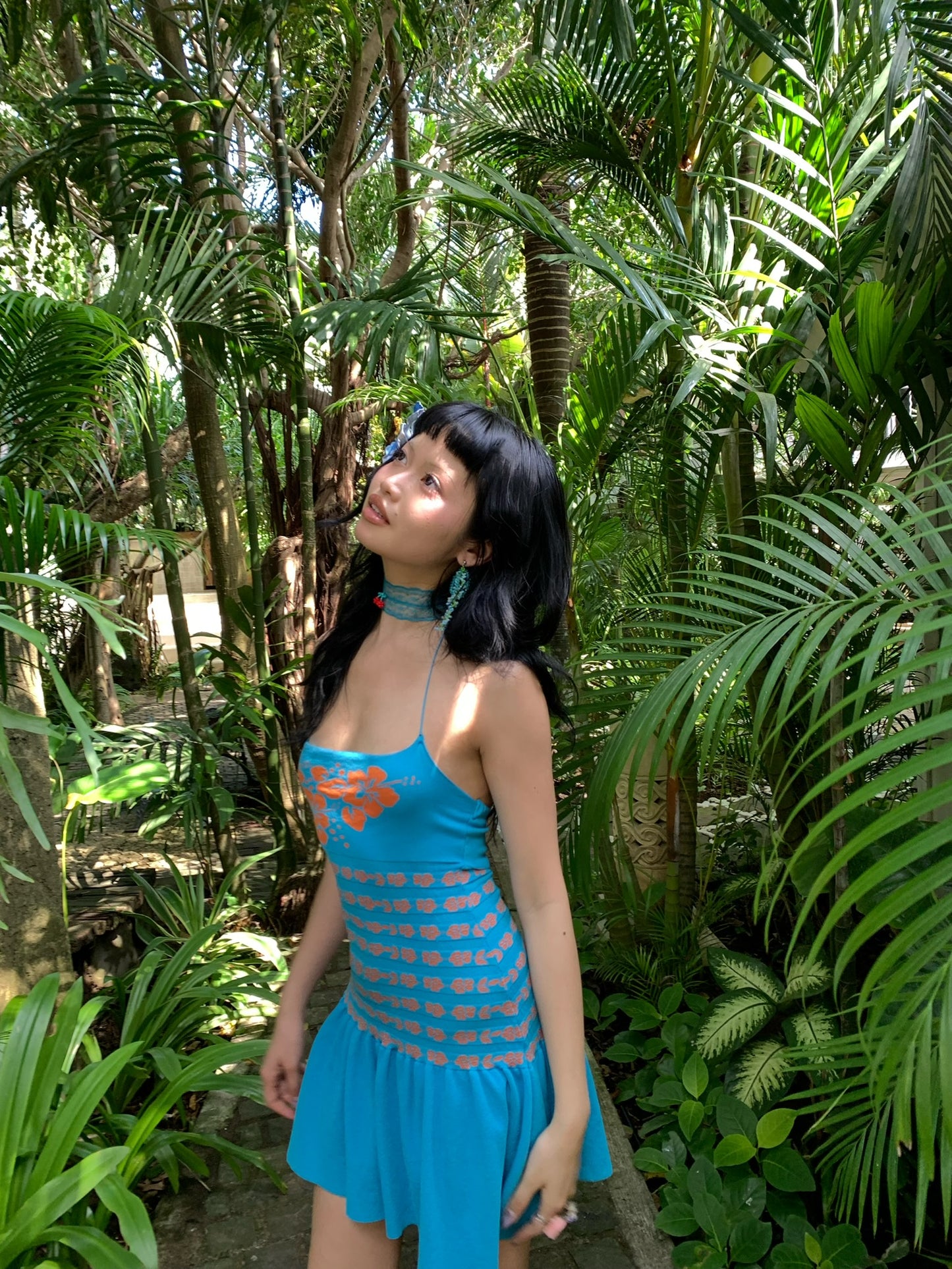 Blue jacquard flower original design slim-fitting elasticated knitted dress