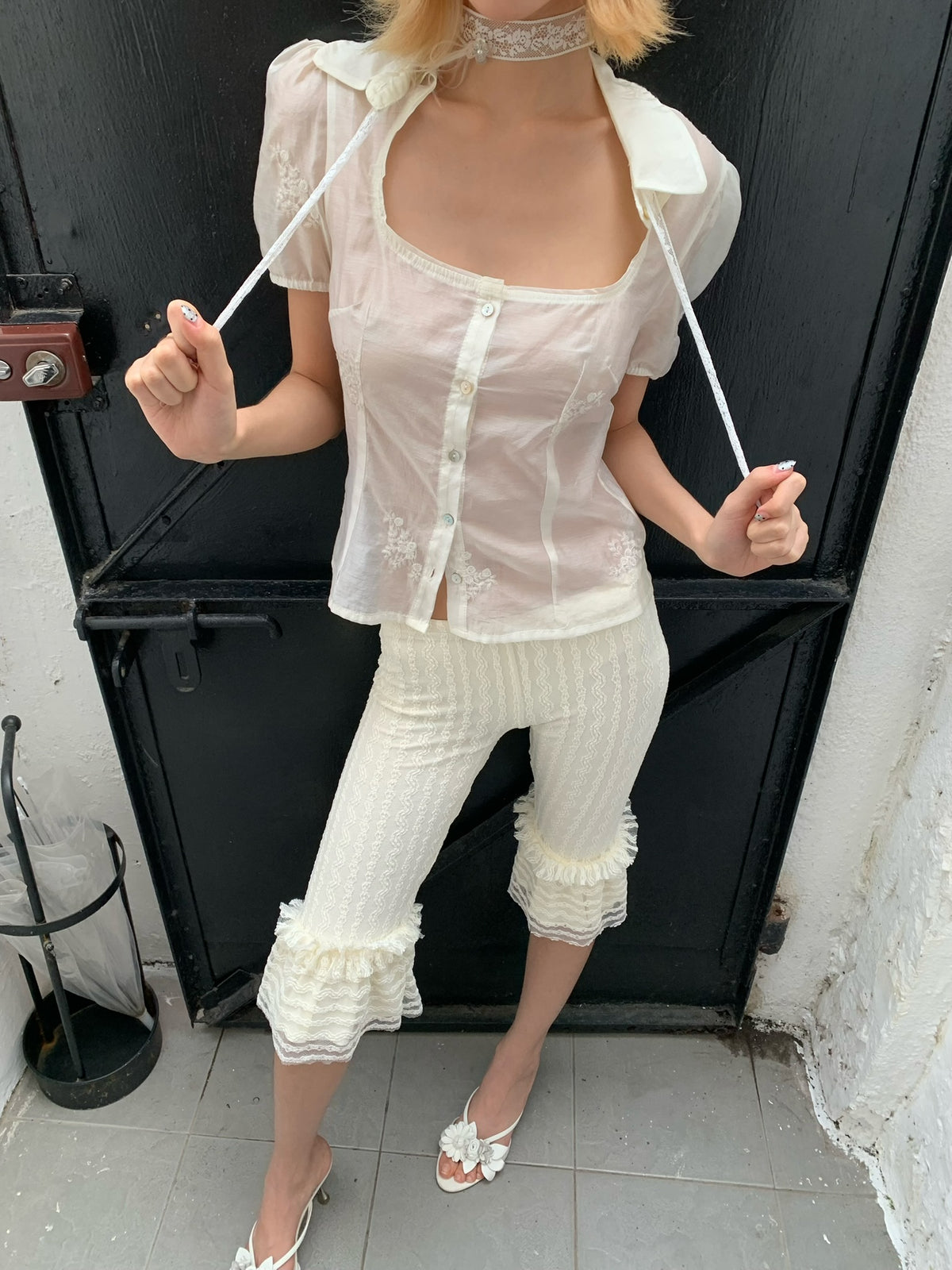 Black and White lace retro striped leggings trousers pants