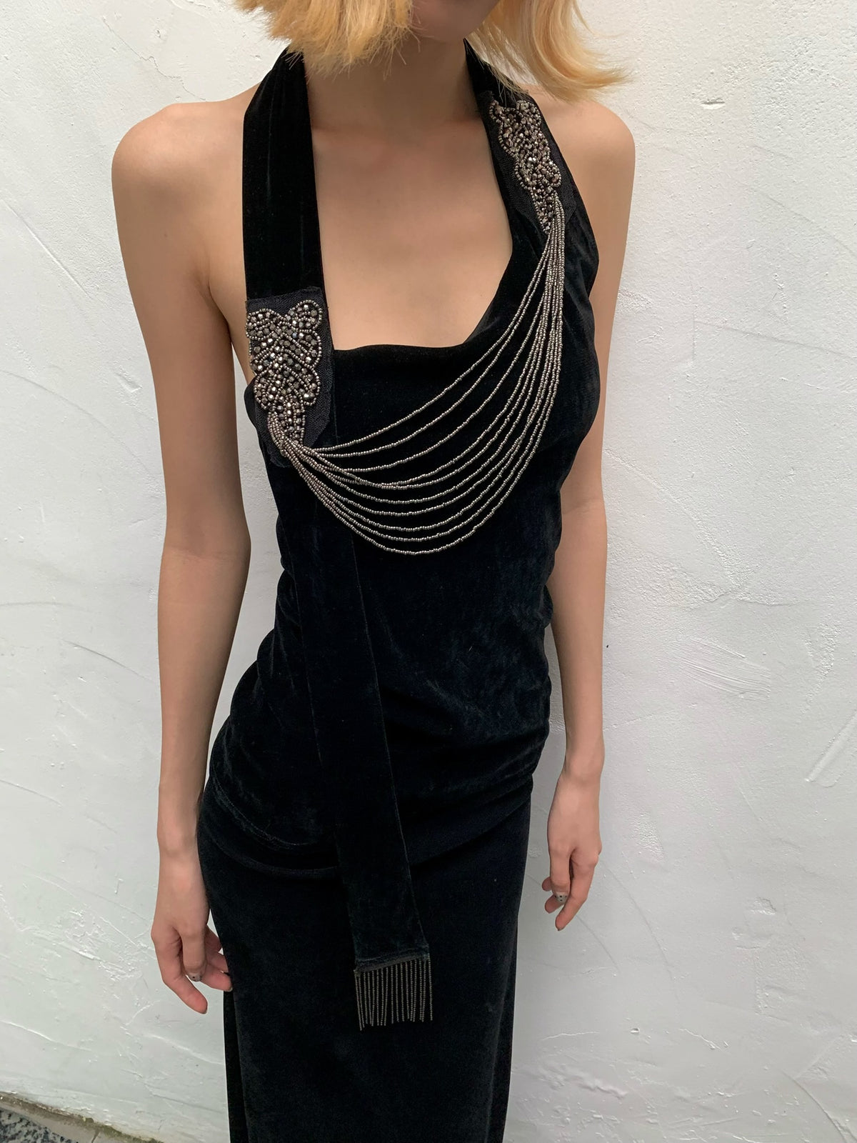 Black Silver Waterfall - Black Velvet mesh Elegant Elasticated Blouse top