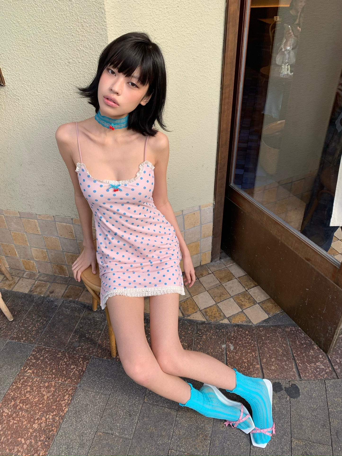 Candy polka dot dress pink stretch-fitting short dress