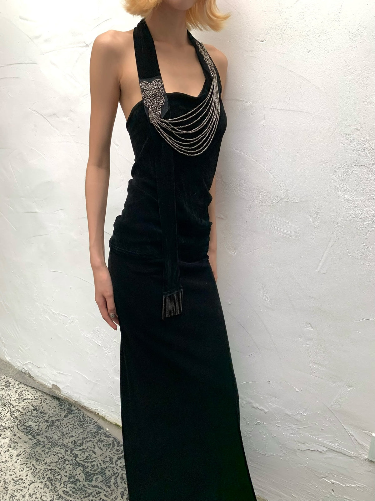 Black Silver Waterfall - Black Velvet mesh Elegant Elasticated Blouse top