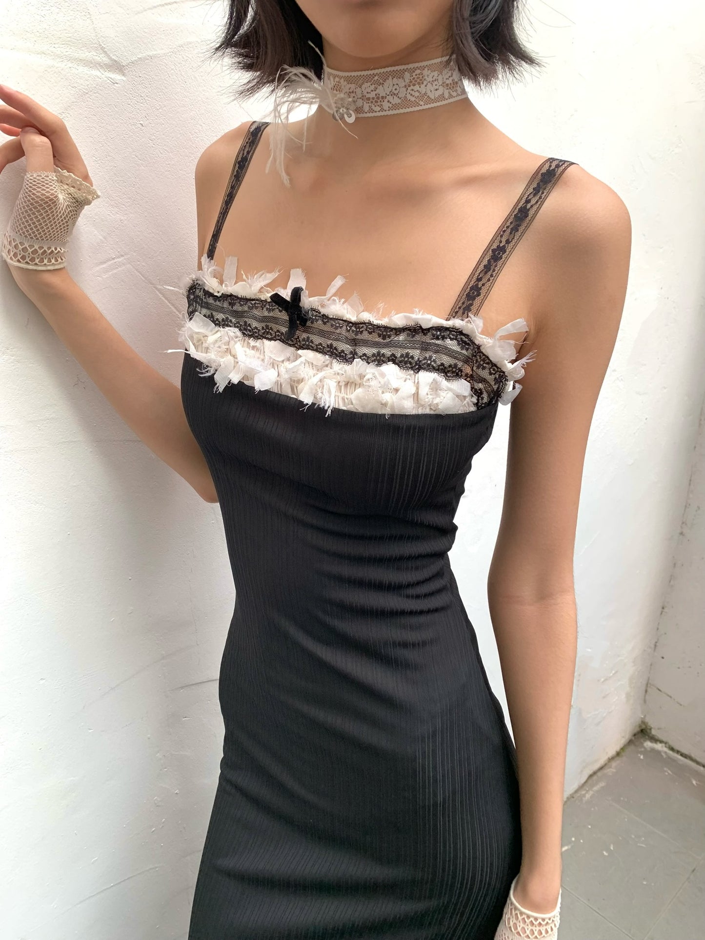 Sexy and playful lace stretch black fitted dress with adjustable shoulder straps