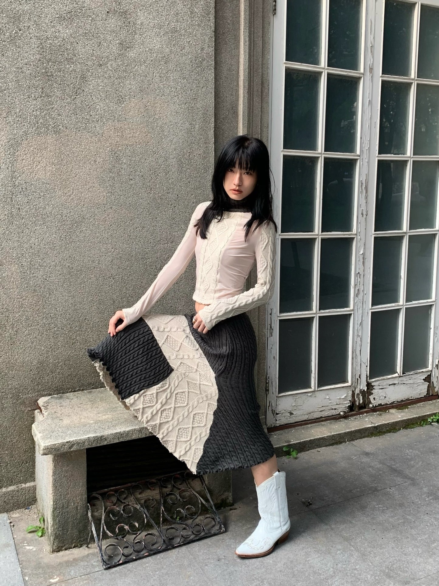 Original patchwork knitted stretch slimming design top + half skirt （can be bought separately