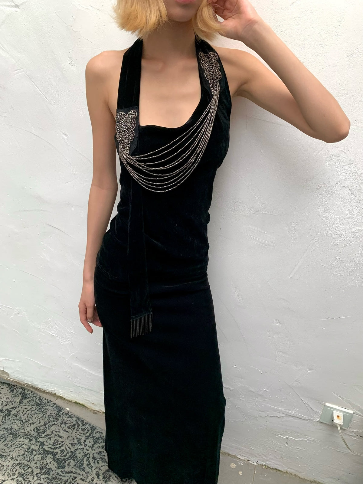 Black Silver Waterfall - Black Velvet mesh Elegant Elasticated Blouse top