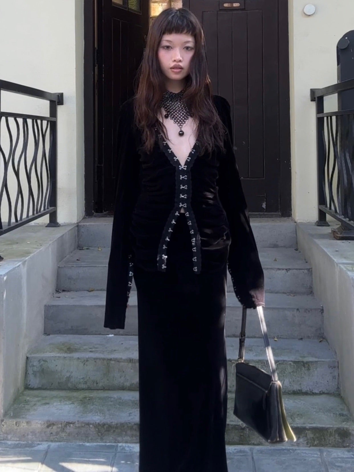 Black velvet set with skirt + hook button top (can be bought separately