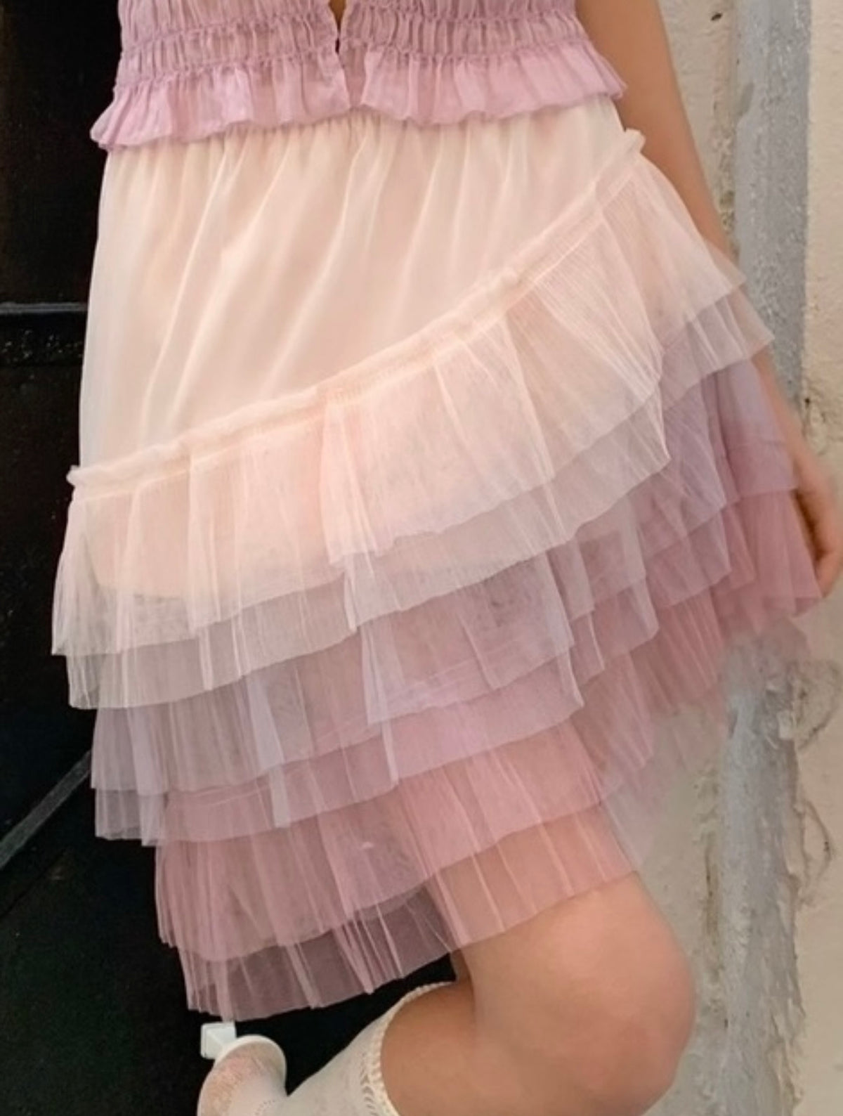 Pink-purple cloud cake dress with asymmetrical mesh fabric
