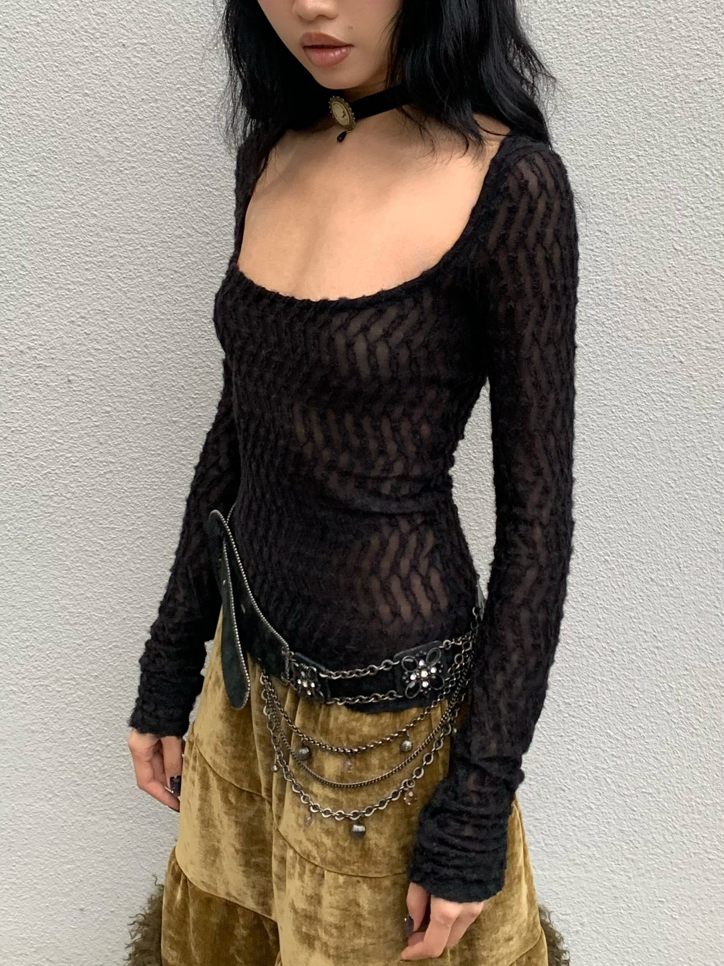 Nice big neckline black long sleeve top