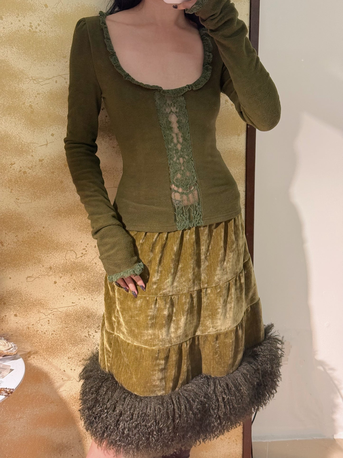 Shade Green Vintage Lace Long-Sleeved Turtleneck Top