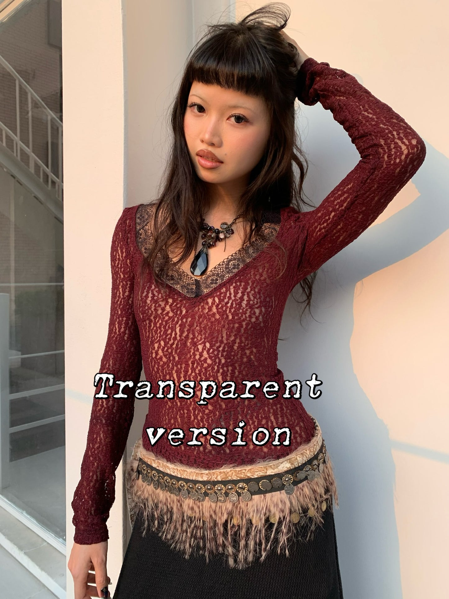 Dark red lace wide-neck fitted stretchy long-sleeved top