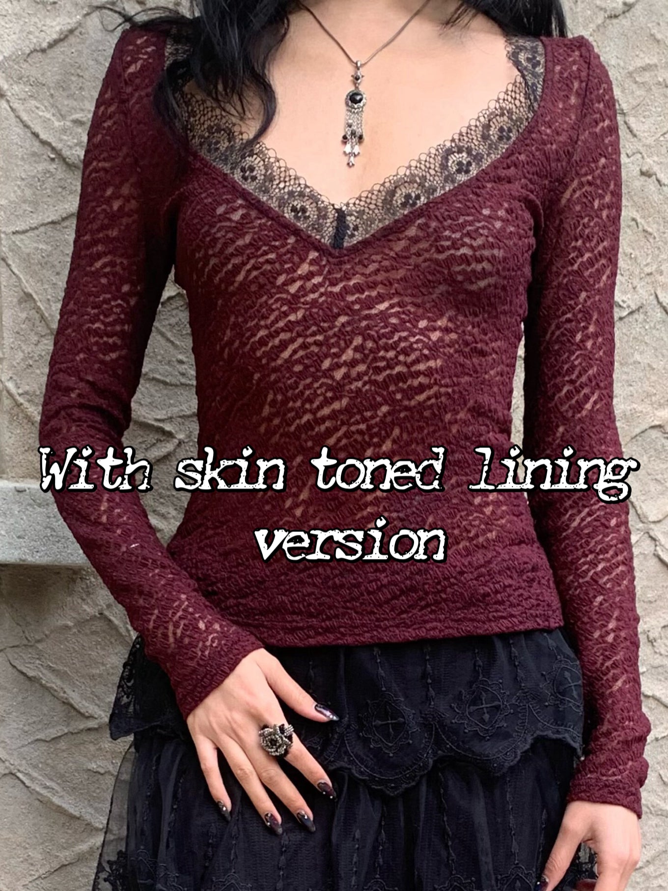 Dark red lace wide-neck fitted stretchy long-sleeved top