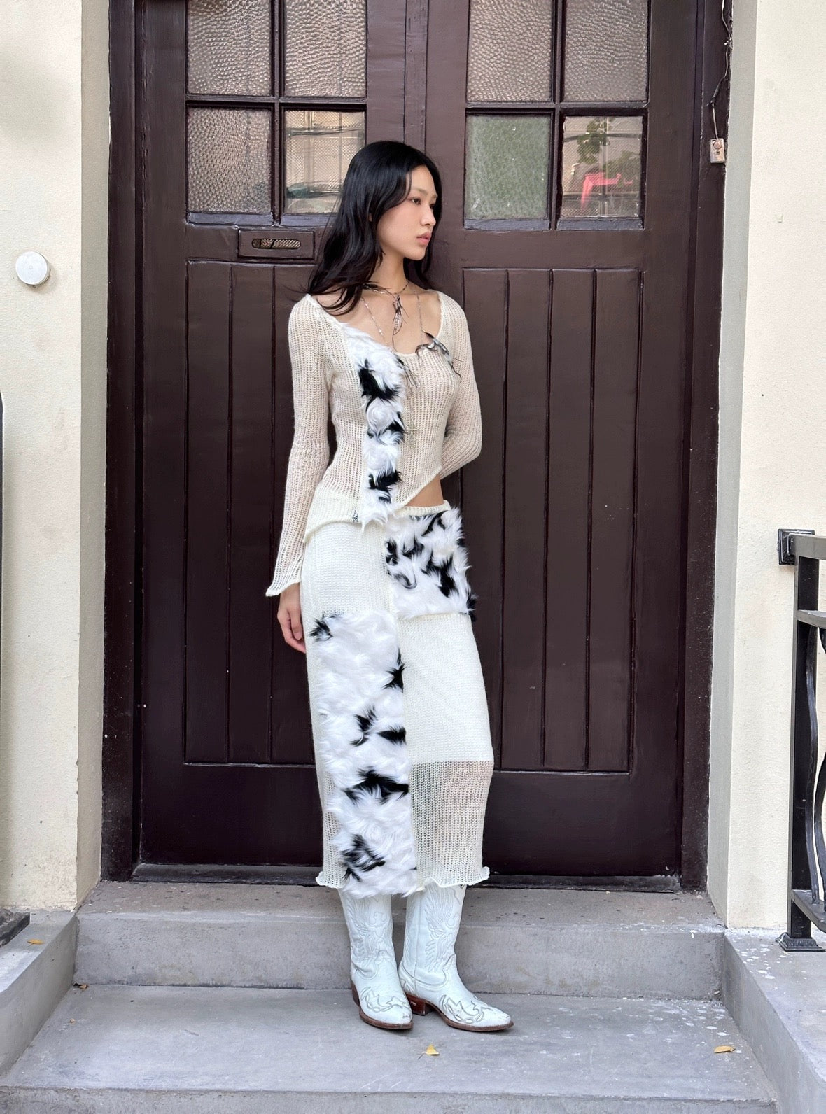 Black and white fur with transparent knit top +skirt set