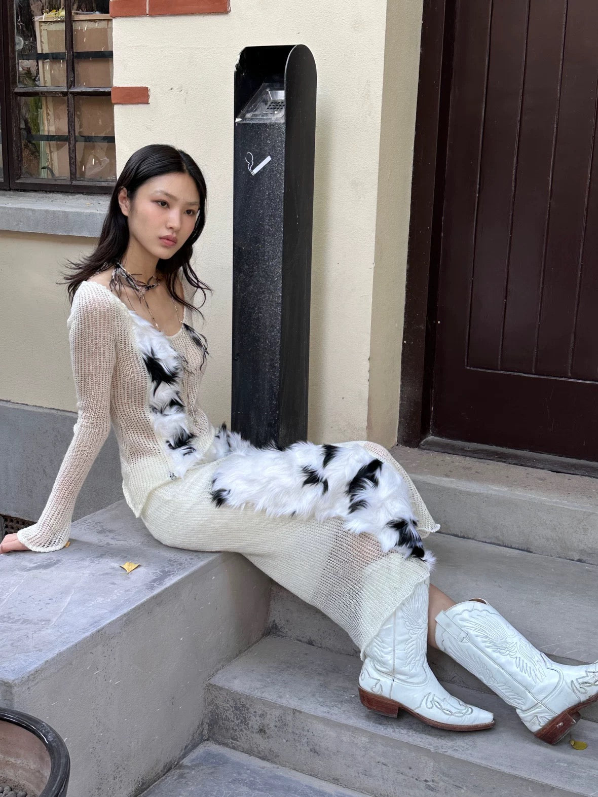 Black and white fur with transparent knit top +skirt set