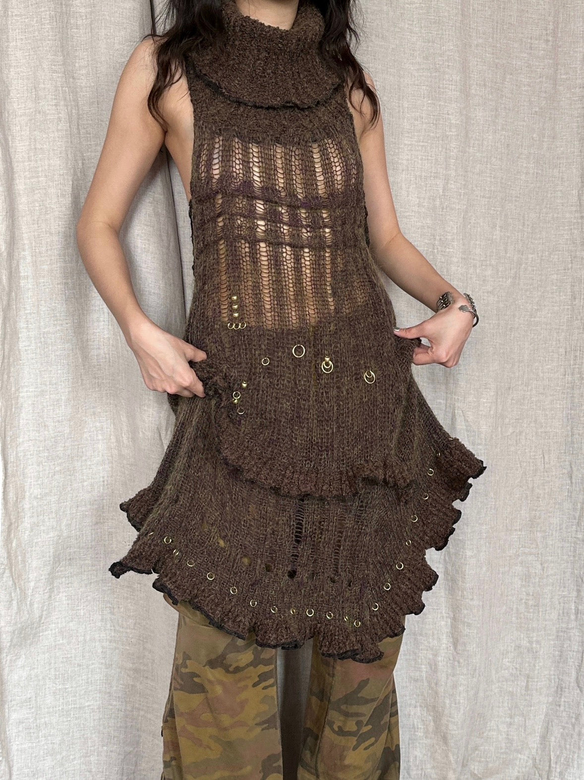 Dark green imported yarn wool blended knit dress with hand embroidered rings