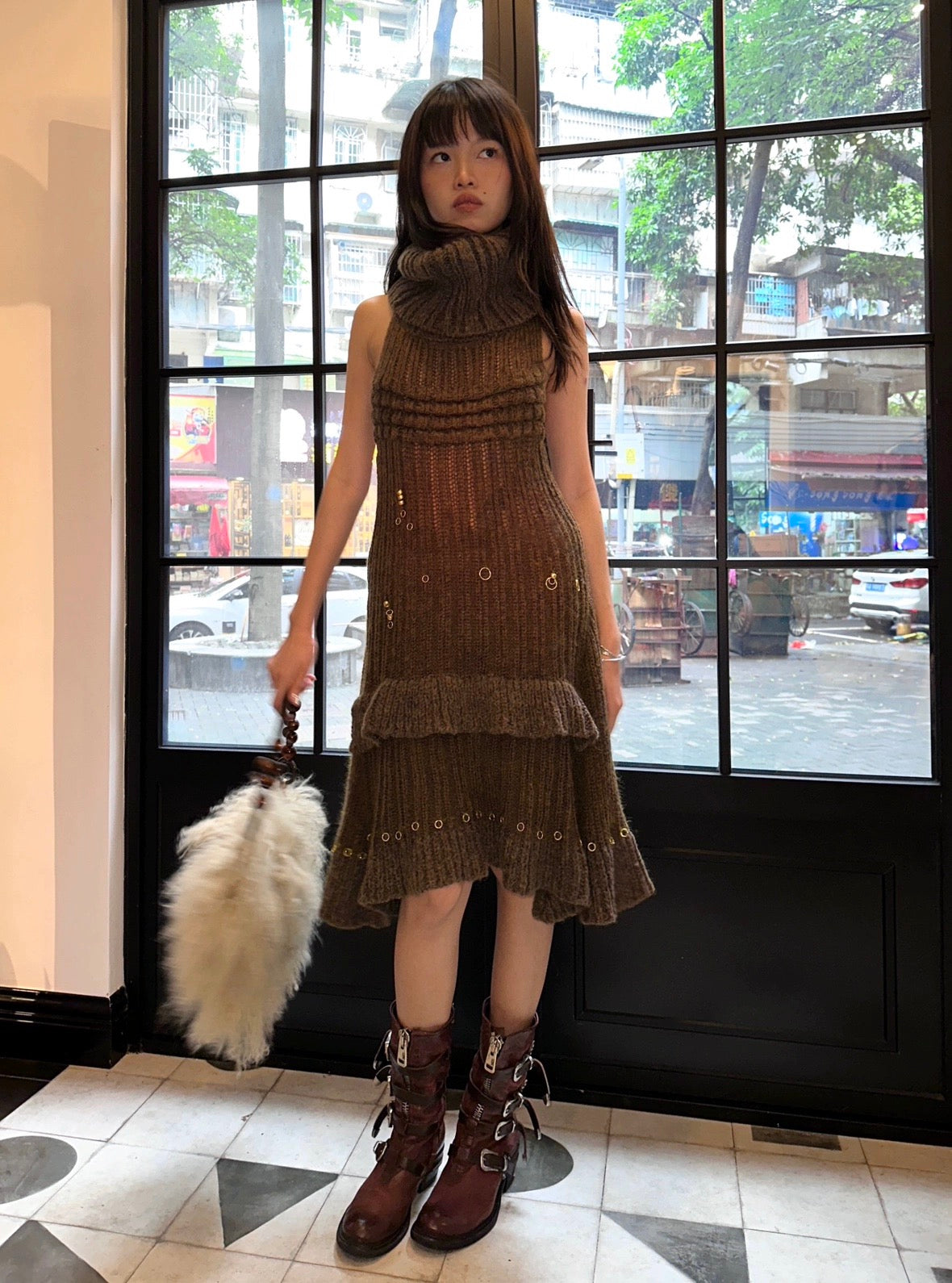 Dark green imported yarn wool blended knit dress with hand embroidered rings