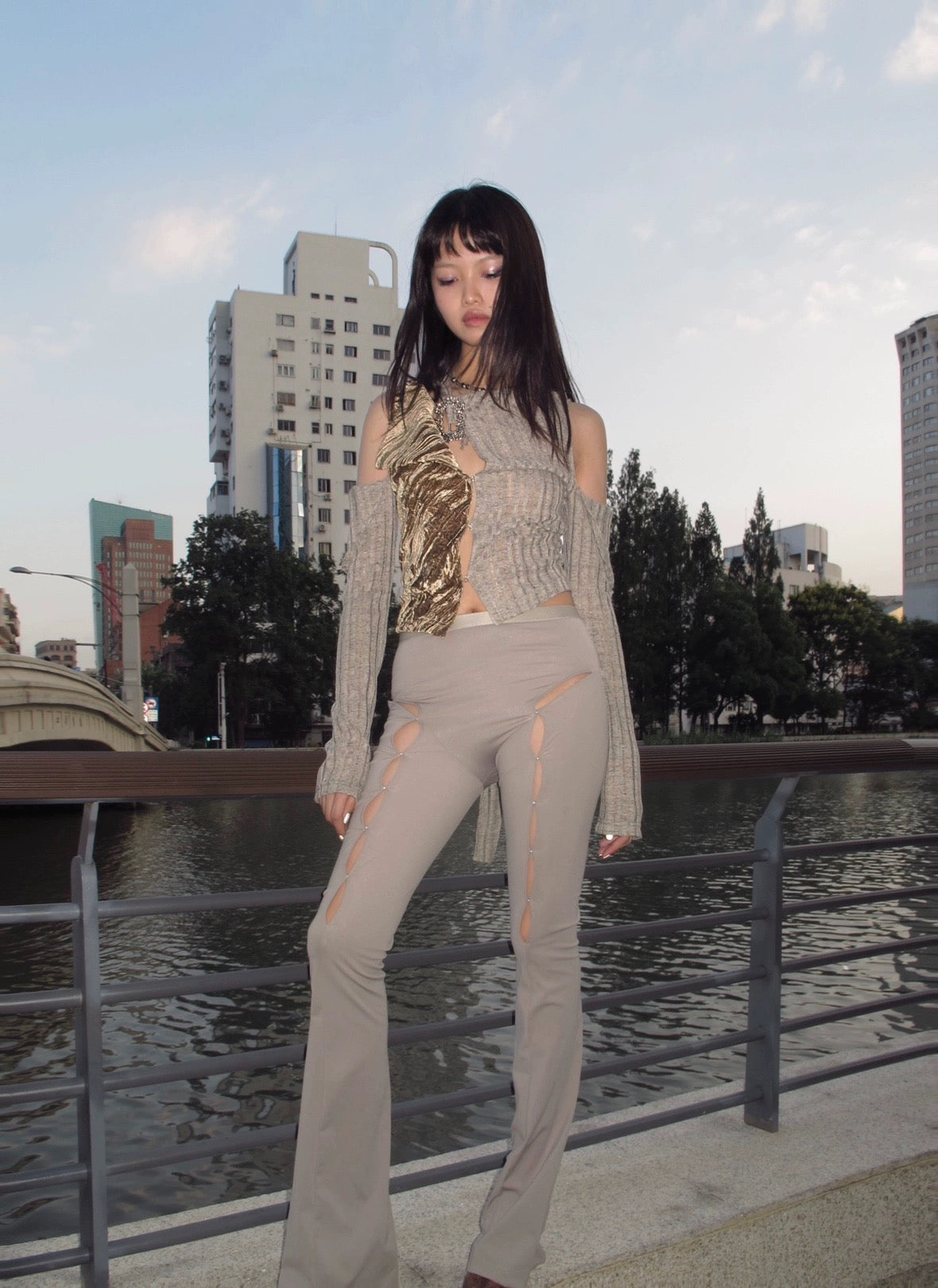 Asymmetric matcha green patched with gold plated velvet top