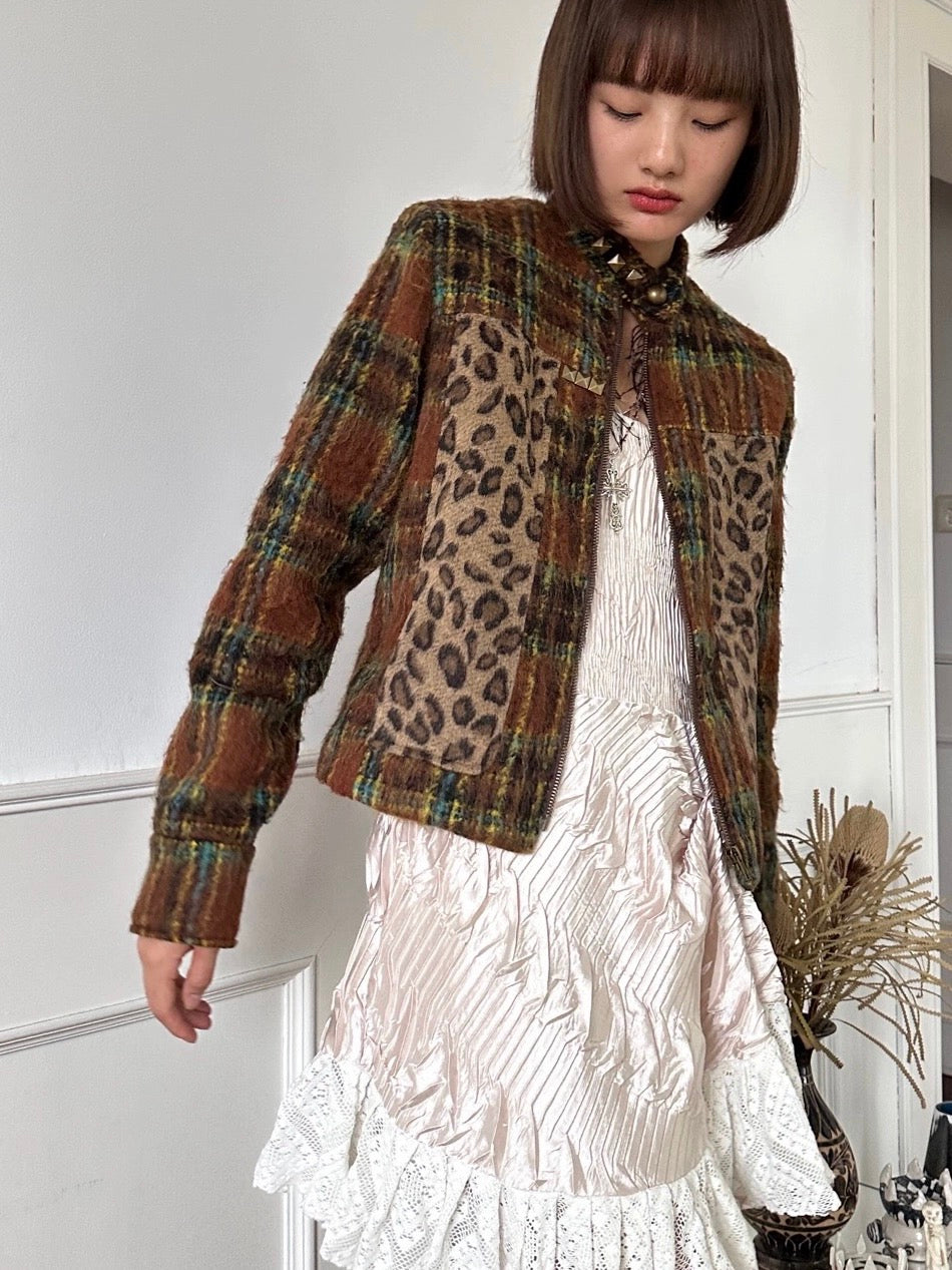 Vintage style plaid patch with leopard print jacket