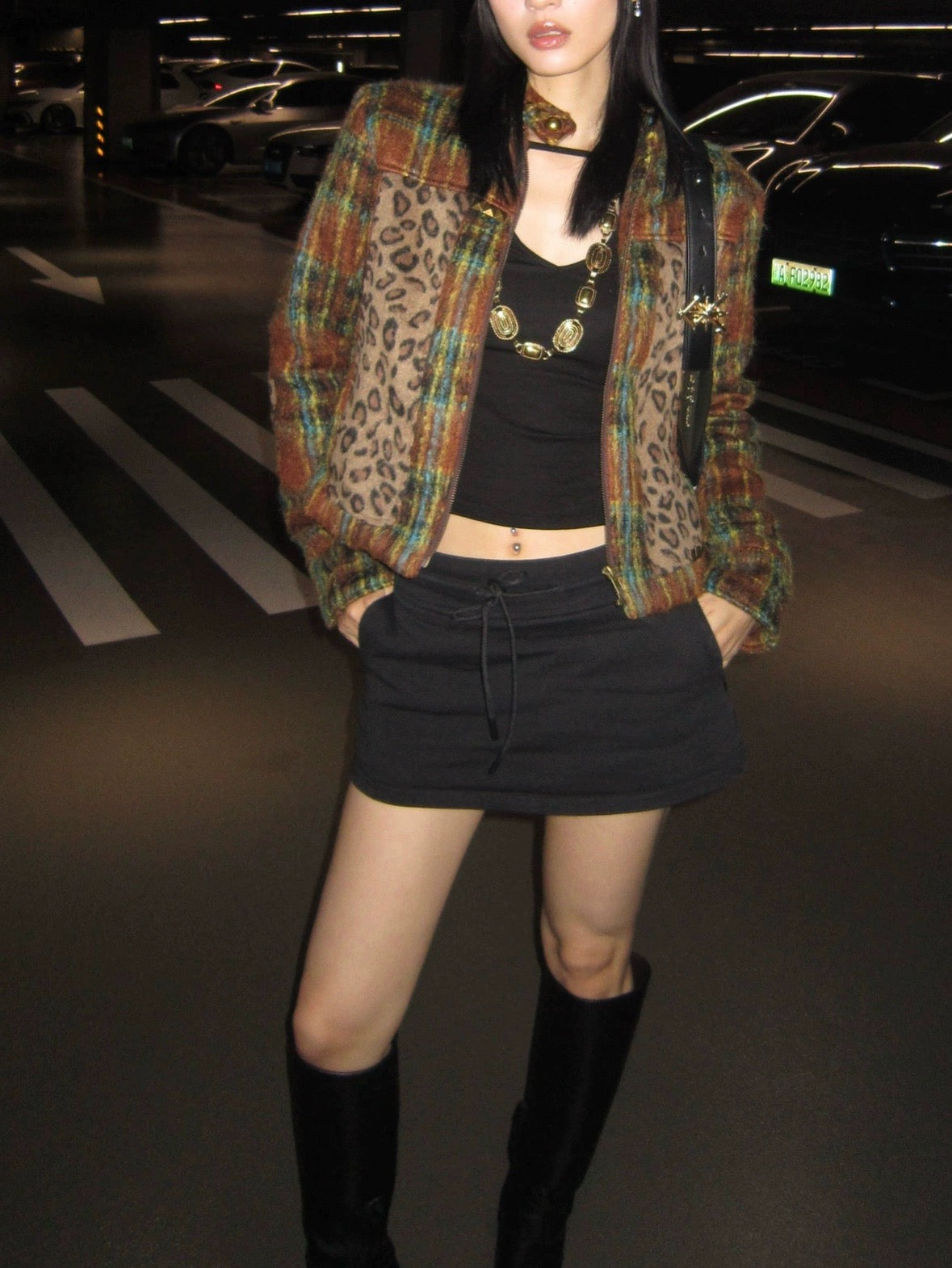 Vintage style plaid patch with leopard print jacket