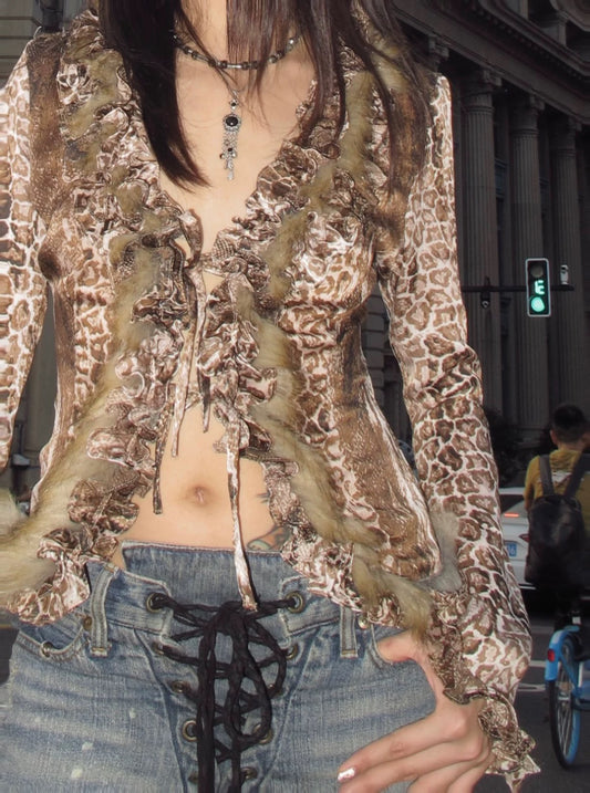 Sexy spicy leopard print chiffon long sleeve cardigan top