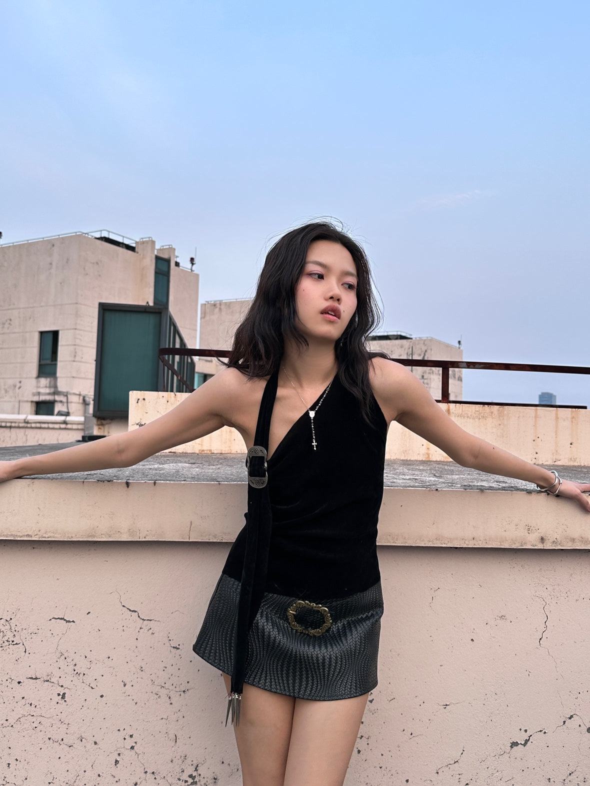 Asymmetrical Black Velvet Top