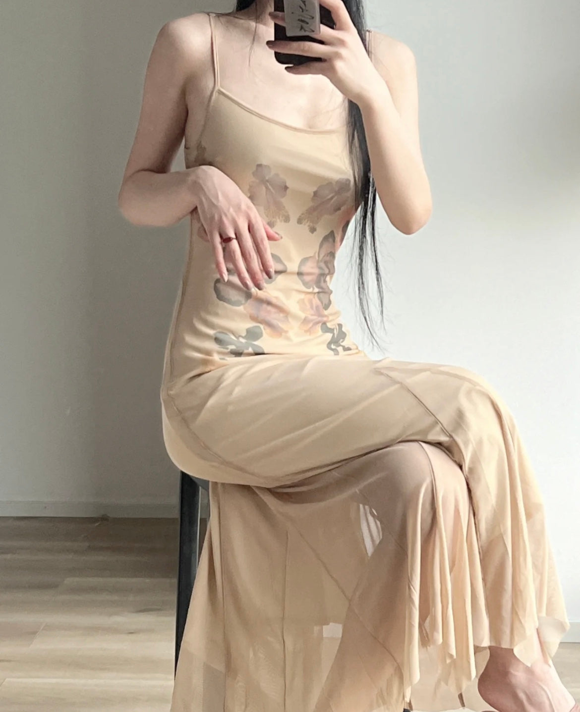 Goddess Floral Print Mesh Elastic Strap Dress