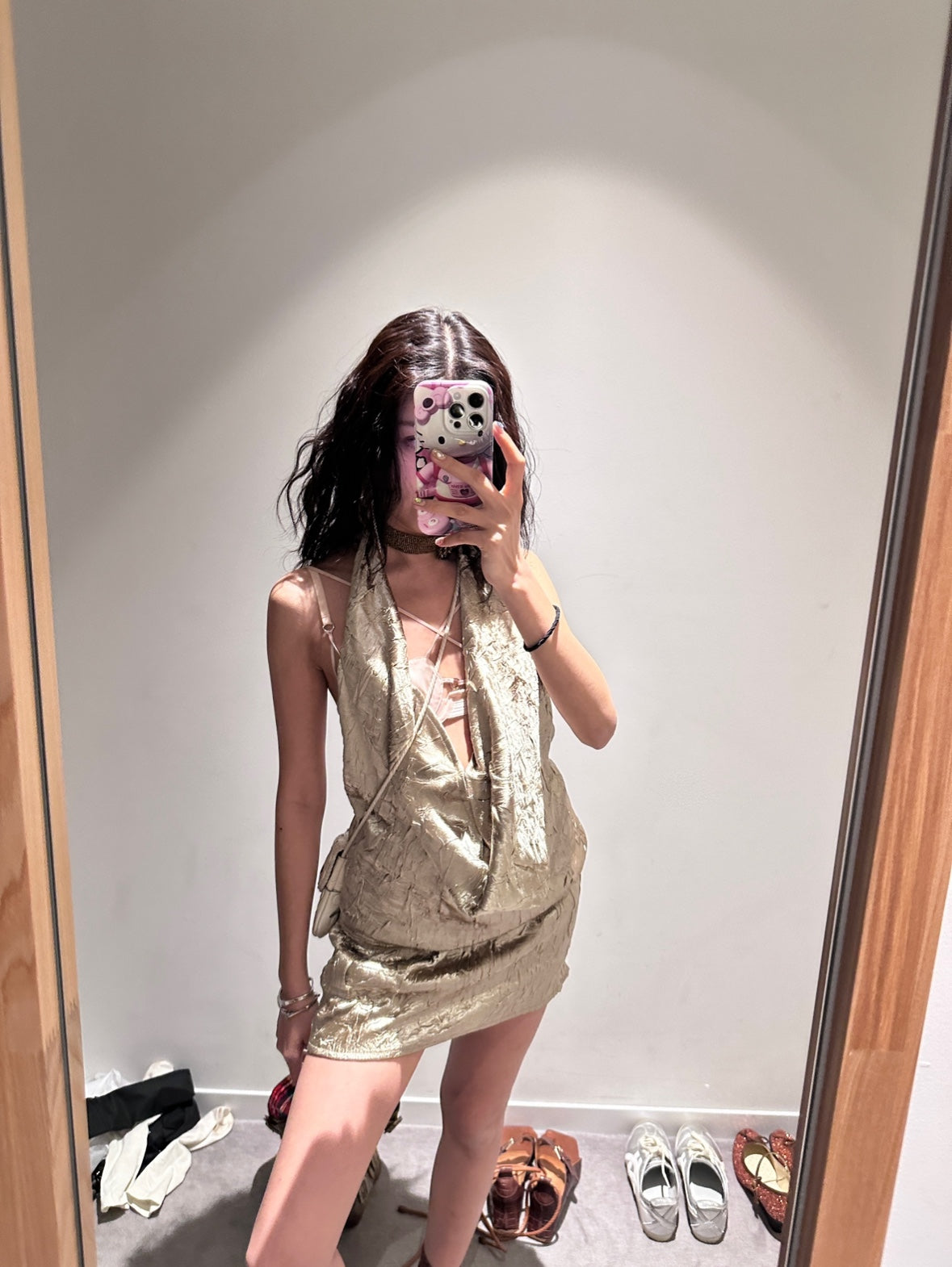 Slaying Shiny Golden Deep-V neck Backless Dress