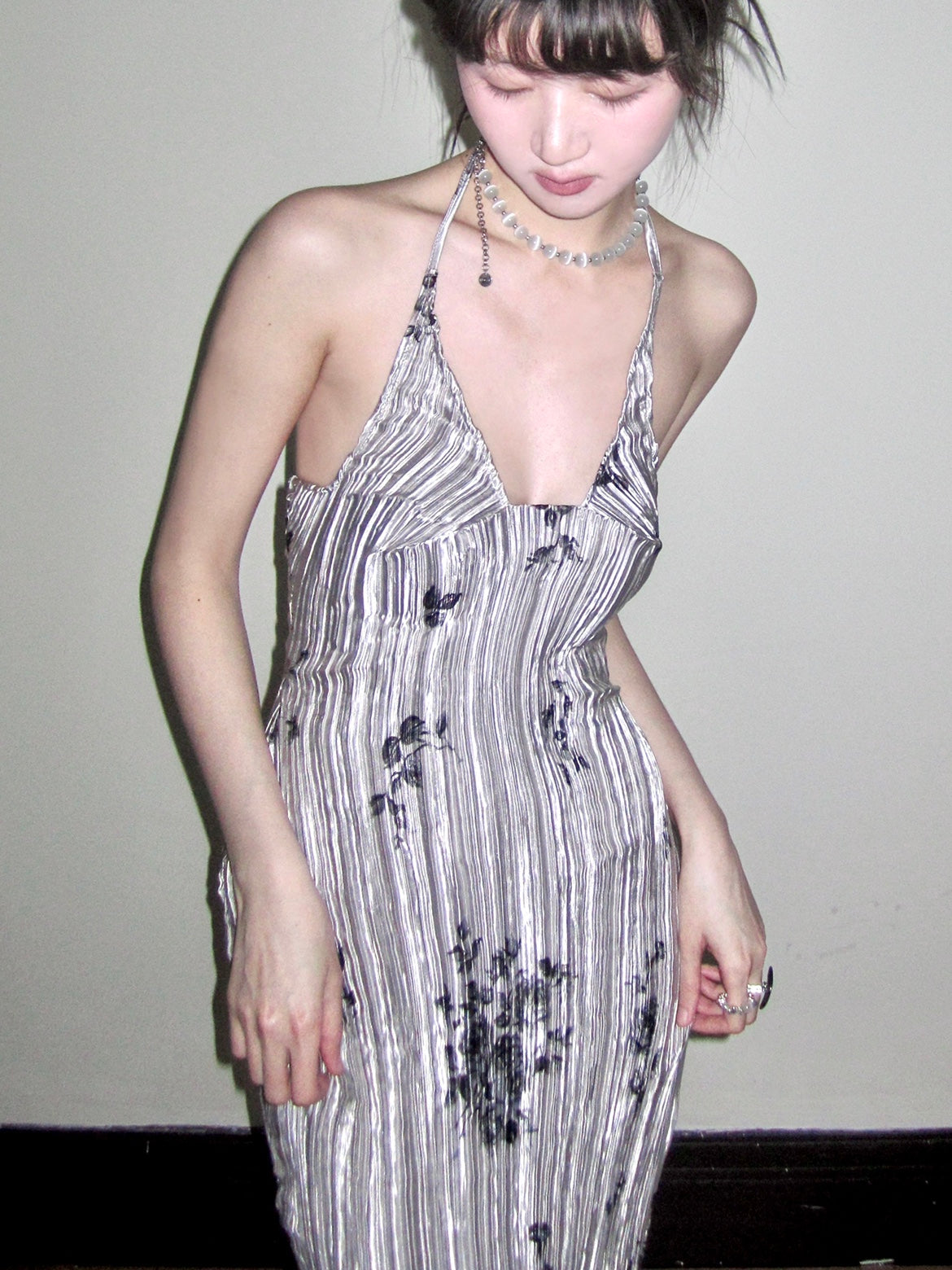 Sliver Floral Print Pleated Dress