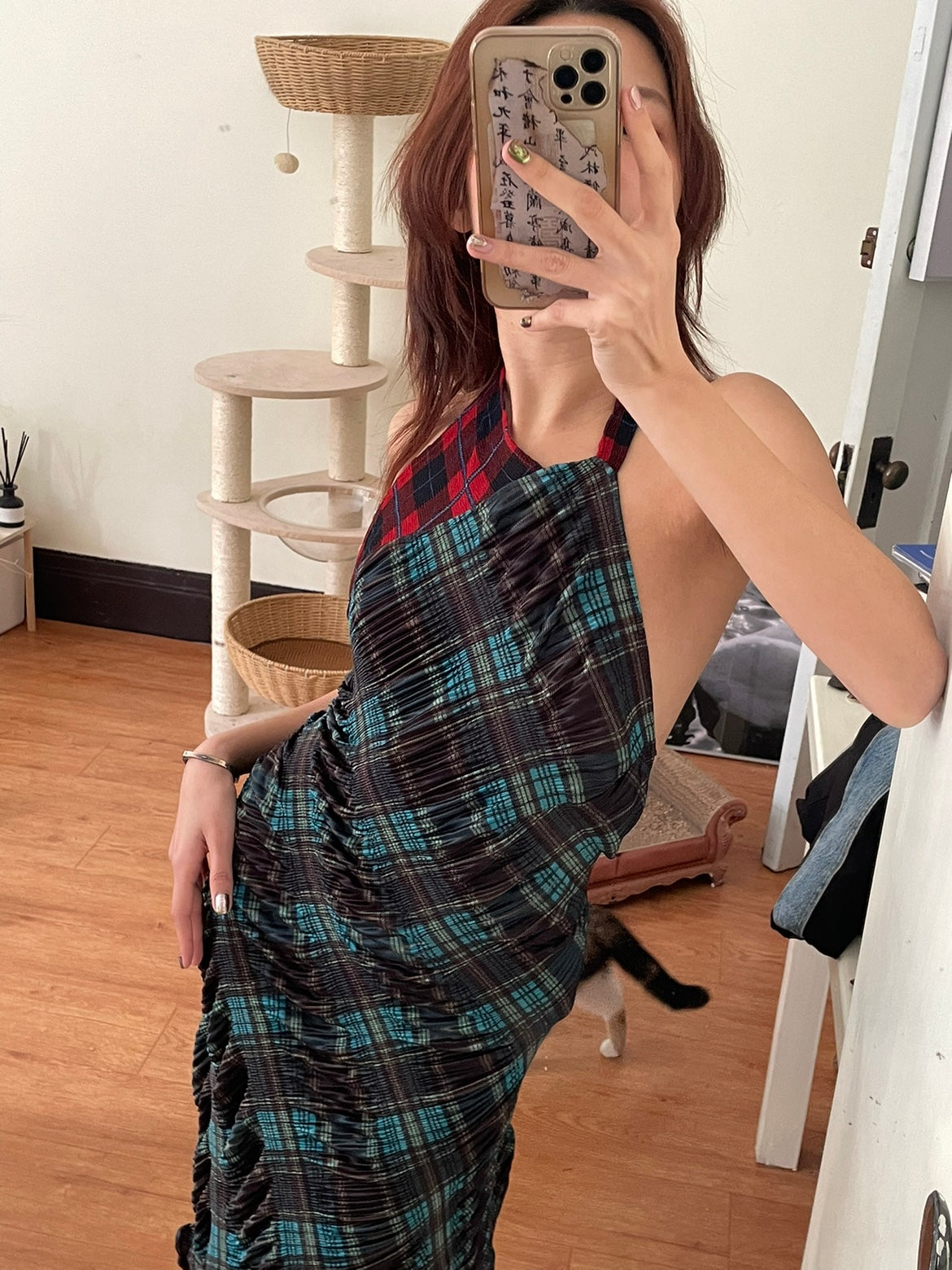 Asymmetry Contrast Color Plaid Dress