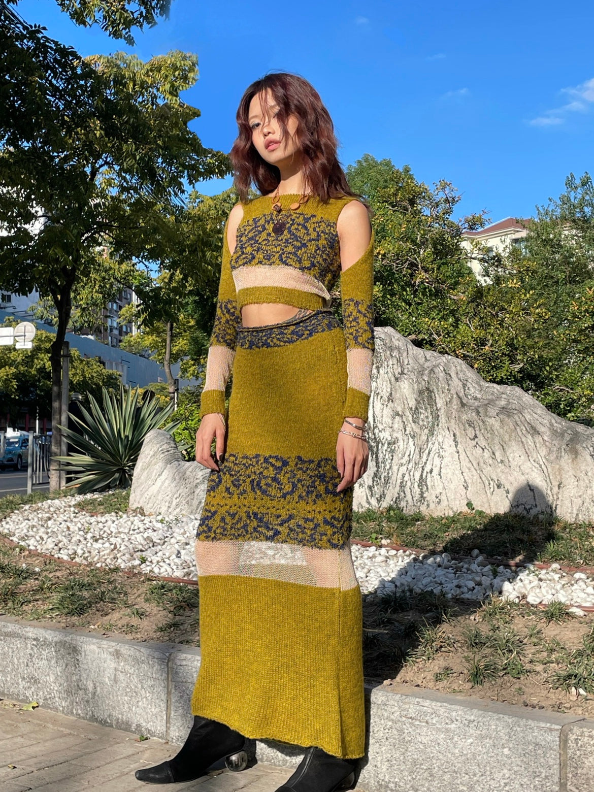 Yellow-green Jacquard Knit set