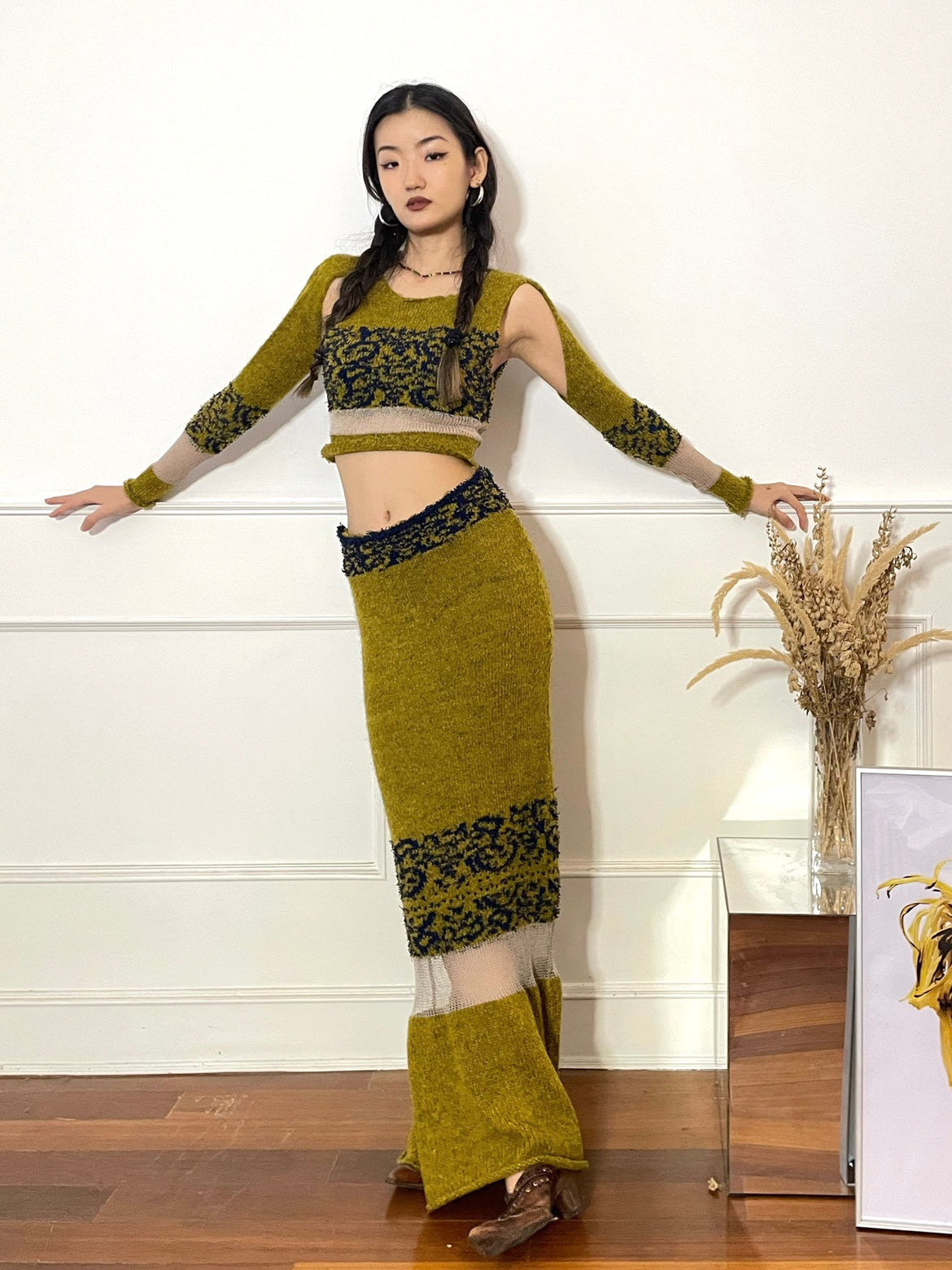 Yellow-green Jacquard Knit set