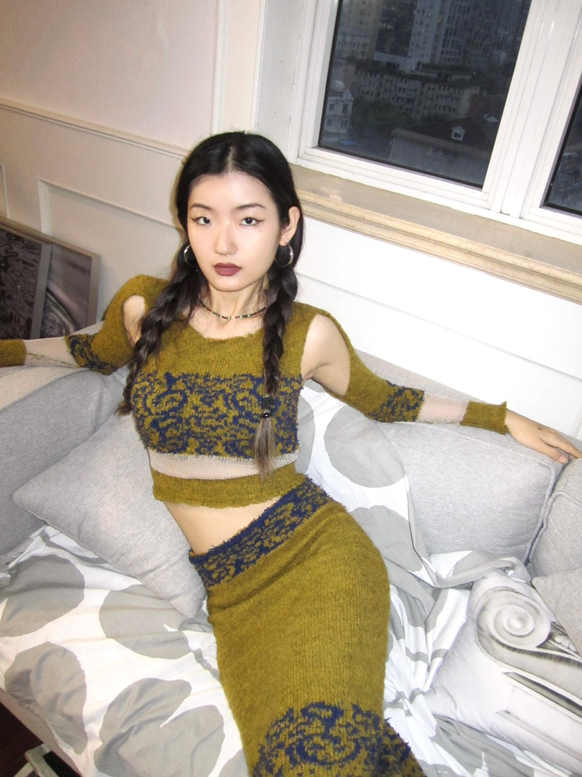 Yellow-green Jacquard Knit set